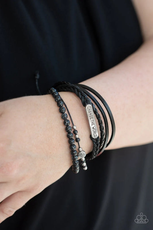 Paparazzi Bracelet - Change the World- Black Pull Tie- Inspirational- Urban