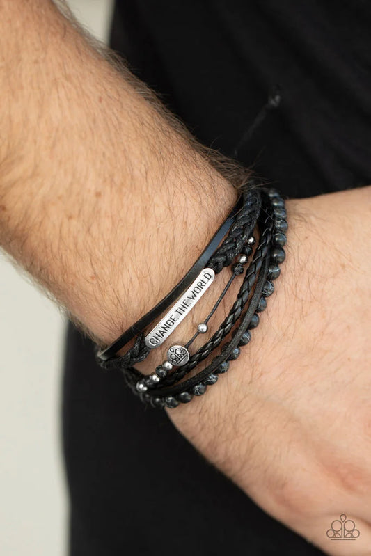 Paparazzi Bracelet - Change the World- Black Pull Tie- Inspirational- Urban
